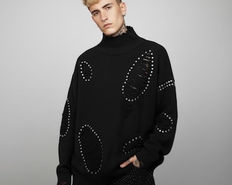 Black Oversize Studded Ripped Turtleneck Sweater, Unisex Shredded Knit Jumper, Goth Punk Distressed Alt Clothing