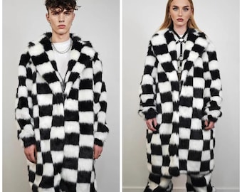SKA Check Faux Fur Coat Black White Checkered Collarless Jacket