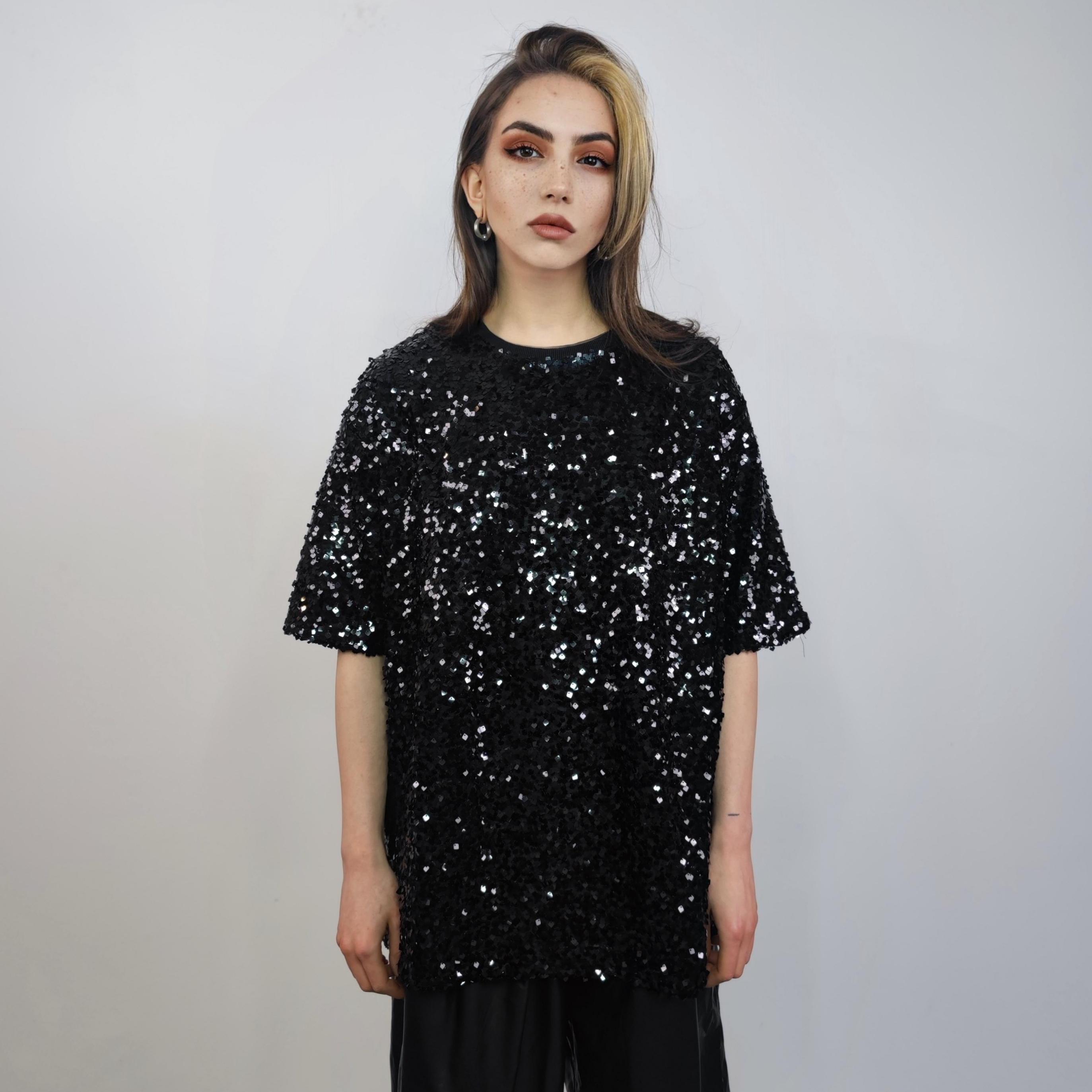 Heavy Sequin T-shirt Black Glitter Top Sparkle Jumper Party