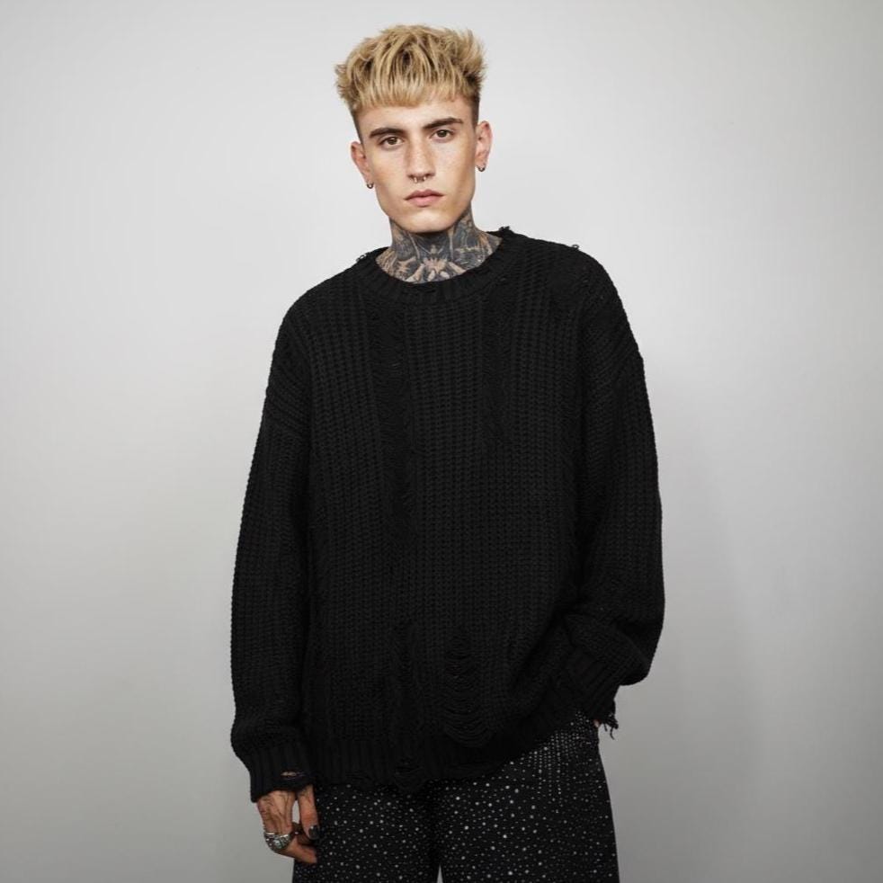 Black Ripped Knit Sweater, Distressed Shredded Grunge Jumper