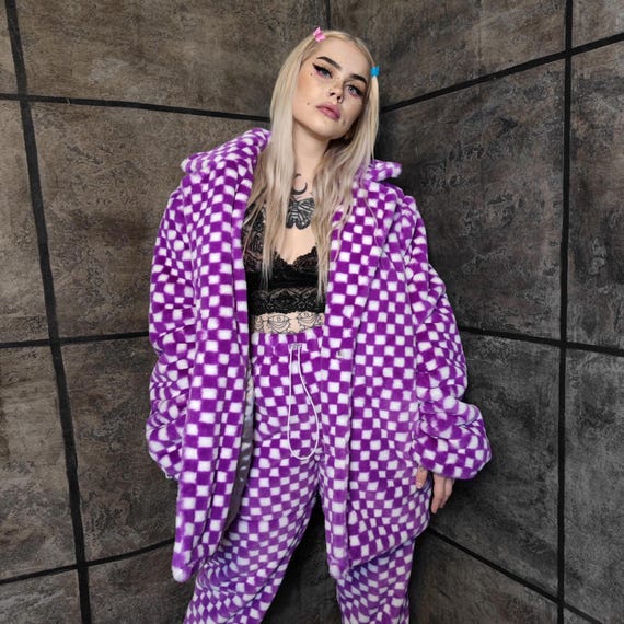 Check fleece coat purple SKA pattern trench chequerboard jacket skater outwear alternative hoodie Burner rave outfit Playa fit
