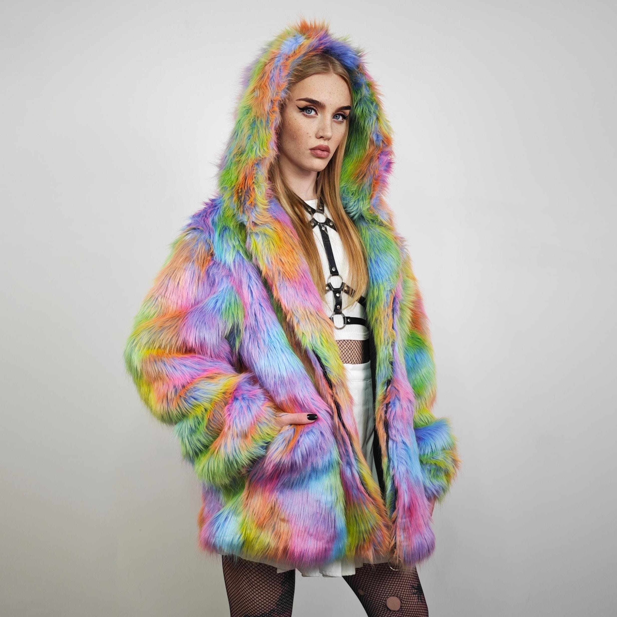 Rainbow Tie-dye Faux Fur Hooded Jacket, Shaggy Psychedelic