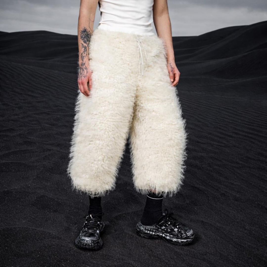 Shearling Faux Fur Pants White, Oversized Jogger Fit Bottoms