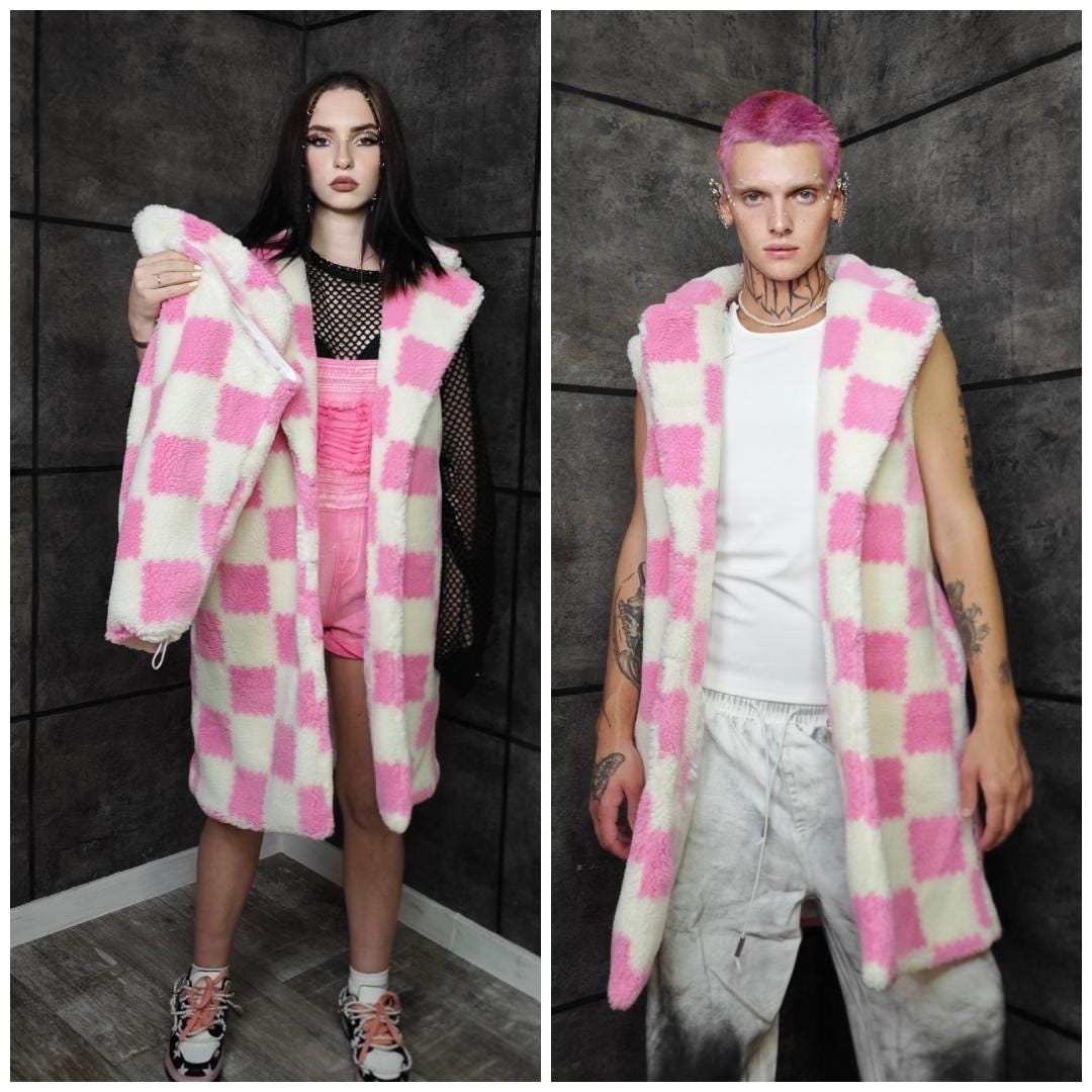 ジャケット・アウター andmary Coco check jacket pink beige Pink White Checkered Fleece Trench Coat, Teddy Checkerboard