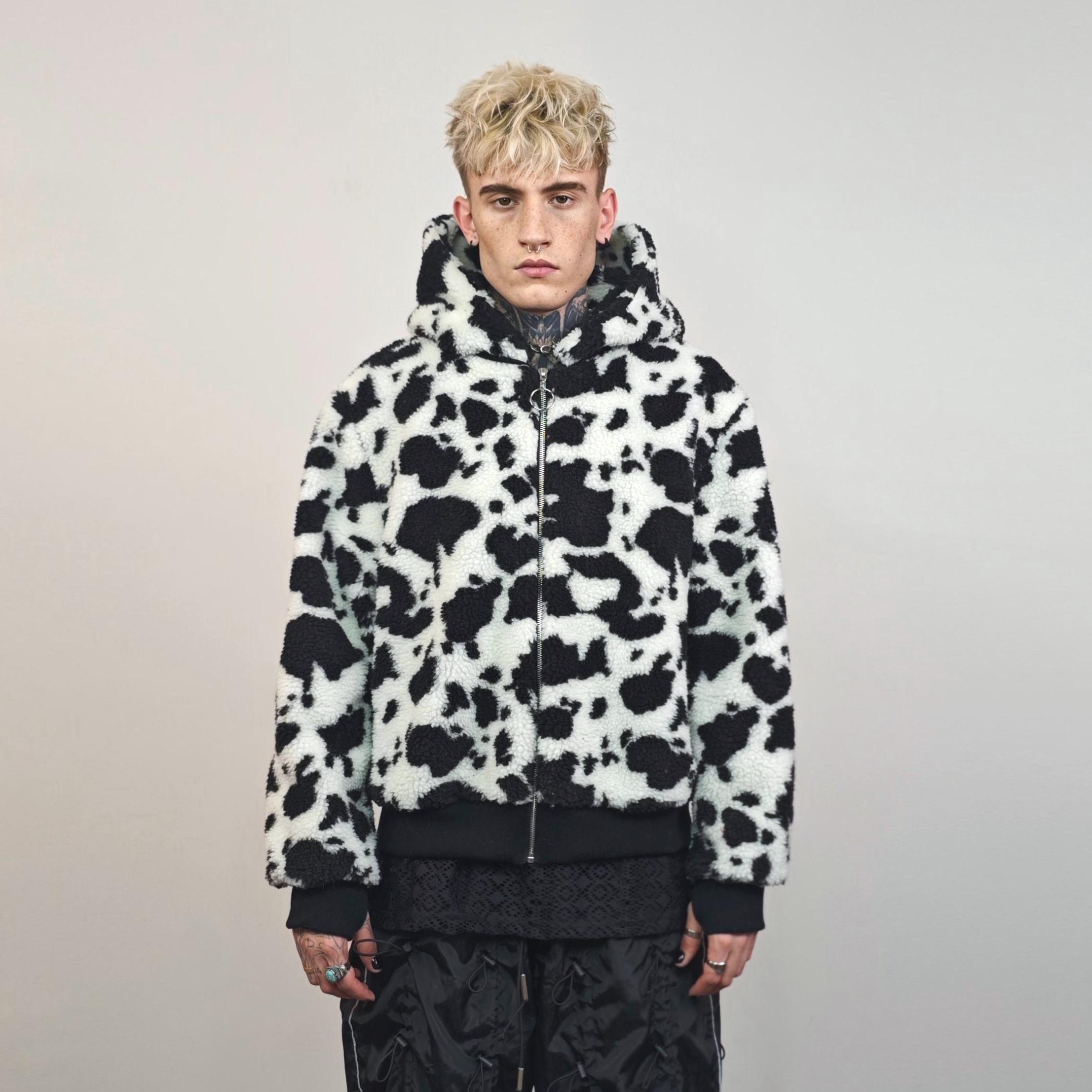 Cow Print Fleece Varsity Jacket Black White Bomber Animal Print