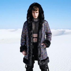 Hooded Holographic Sequin Jacket, Rainbow Reversible Coat, Faux Fur Trim, Two Sided Playa Festival Outerwear