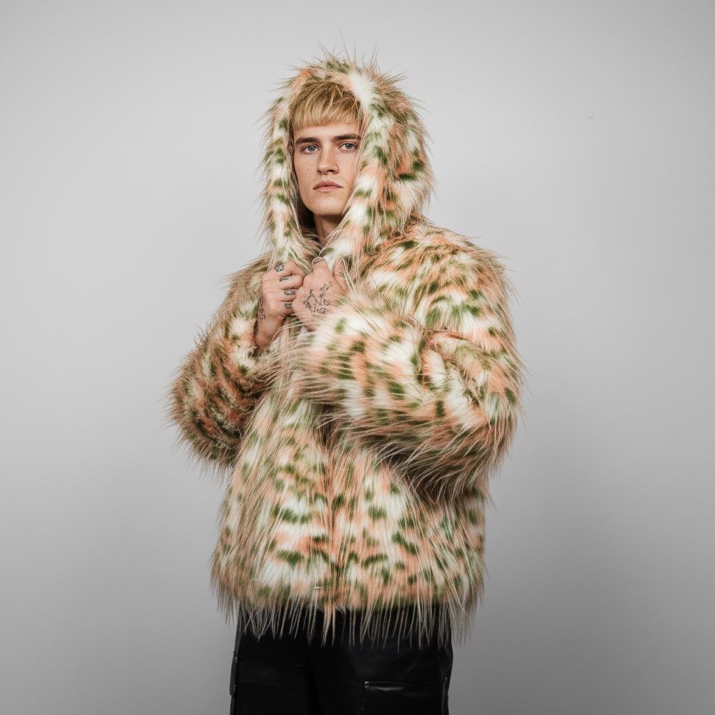 Green Pink Leopard Faux Fur Cropped Trench, Shaggy Animal Print