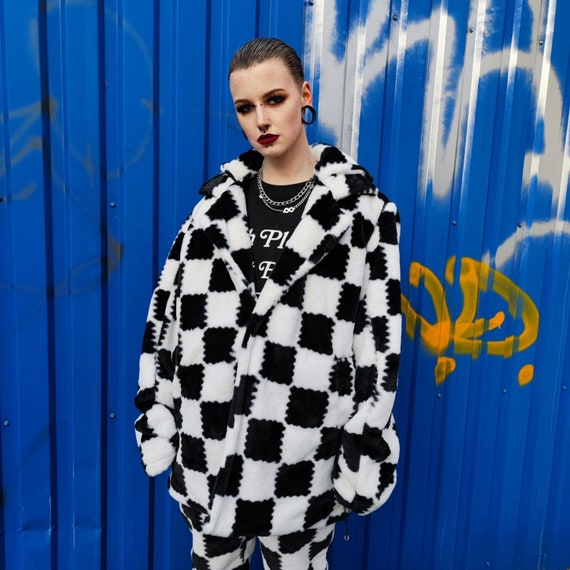 Checked Trench Coat Faux Fur White Black Overcoat Plaid Jacket SKA