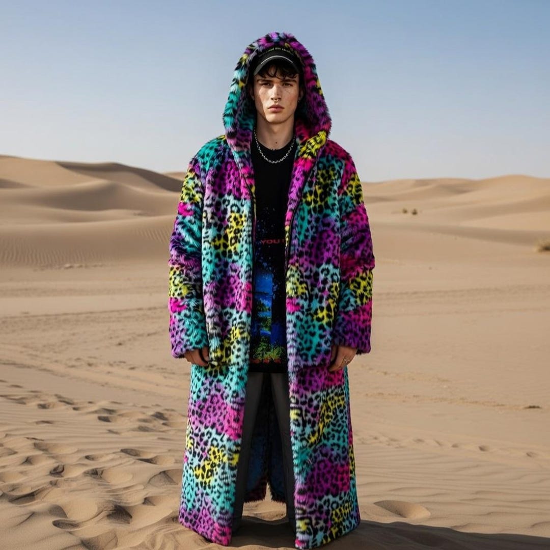 Patchwork Rave Rainbow Leopard Faux Fur Coat, Neon Patchwork Animal Print Rave Coat ...