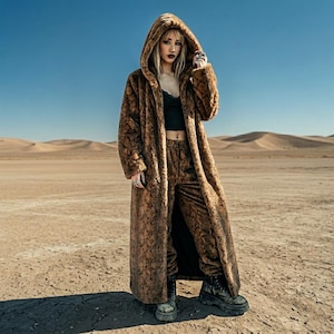 Brown Snake Print Faux Fur Coat, Hooded Serpent Pattern Jacket, Floor Length Reptile Outerwear