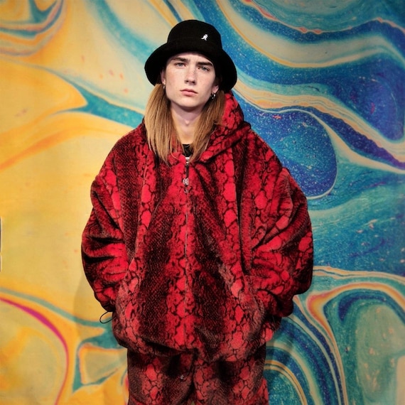 Red Snake Hoodie Faux Fur Jacket Shaggy Python Bomber 00s