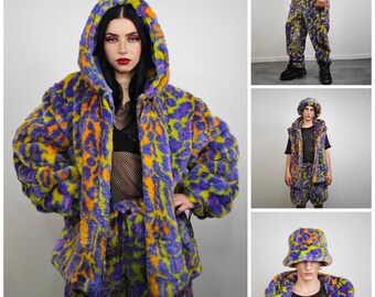 Blue Orange Leopard Faux Fur Jacket Neon Animal Print Hoodie Y2K Blue Orange Leopard Faux Fur Jacket Neon Animal Print Hoodie Y2K