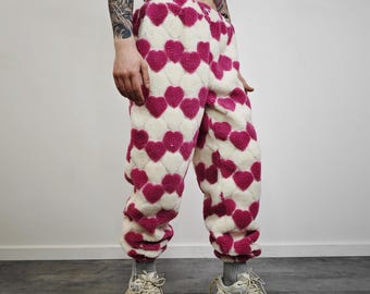 Pink Heart Fleece Joggers, Love Pattern Fluffy Pants, Unisex