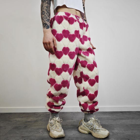 Pink Heart Fleece Joggers, Love Pattern Fluffy Pants, Unisex