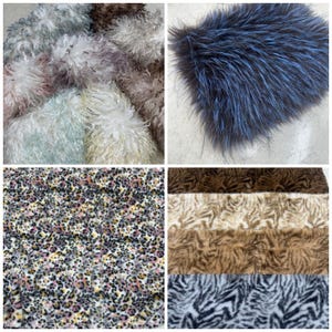 Può includere: Un collage di vari tessuti in finta pelliccia. In alto a sinistra è presente una pelliccia riccia e strutturata nei toni del bianco, grigio e beige. In alto a destra è presente una toppa di pelliccia blu scuro con fili lunghi e sottili. In basso a sinistra è presente un tessuto con stampa leopardata. In basso a destra sono presenti tessuti con stampa zebrata e tigrata.