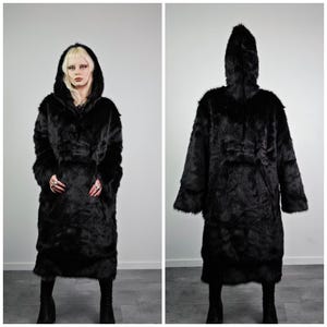 Extreme black faux fur coat long fluffy half zip Gothic overcoat hooded crazy wide jacket fuzzy Burning man festival trench rave fleece