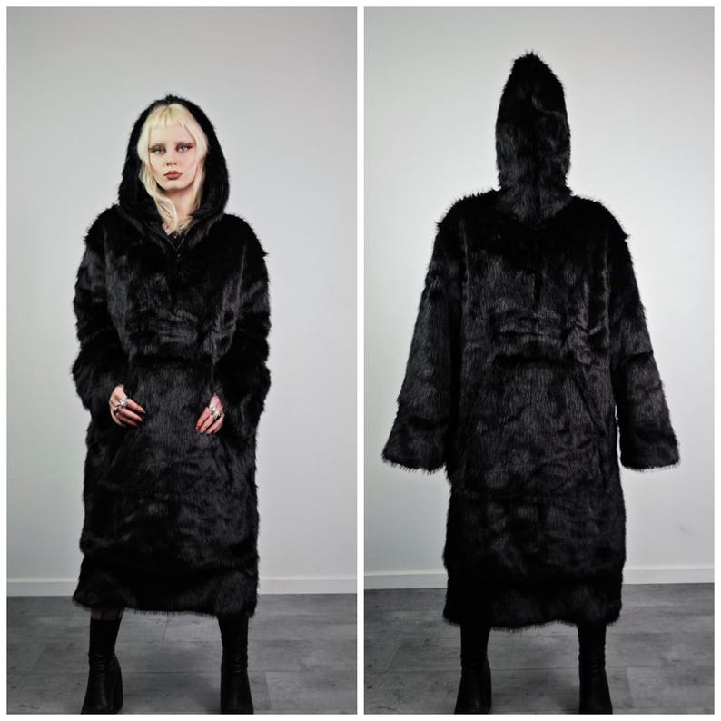 Extreme black faux fur coat long fluffy half zip Gothic overcoat hooded crazy wide jacket fuzzy Burning man festival trench rave fleece