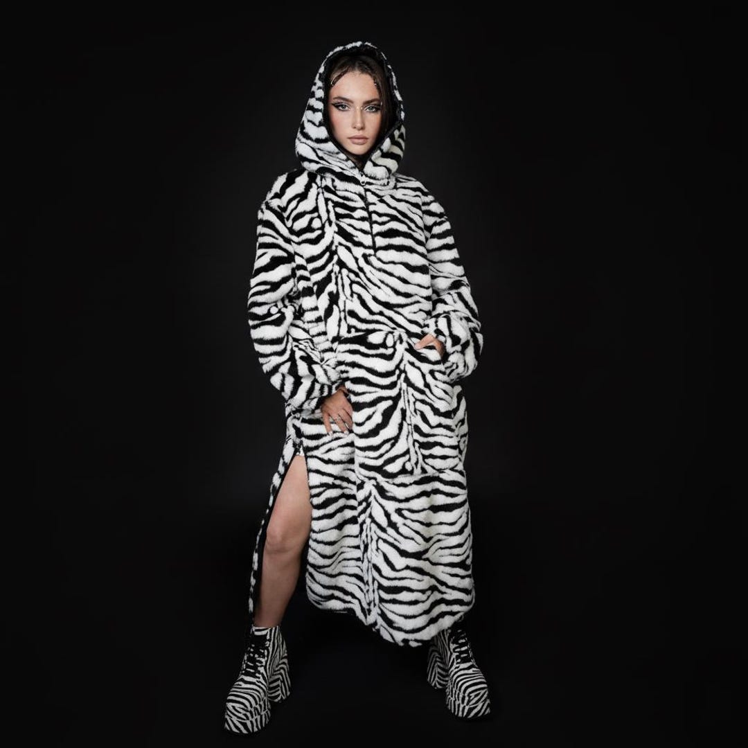 Maxi Zebra Faux Fur Coat Bold Rave Jumpsuit Festival Hoodie Statement ...