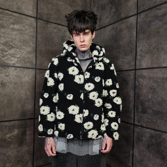 ジャケット・アウター UND TEXTURE ART FLOWER SHAGGY COAT Floral Fleece Jacket, Flower Patchwork Coat, Retro Sherpa Trench
