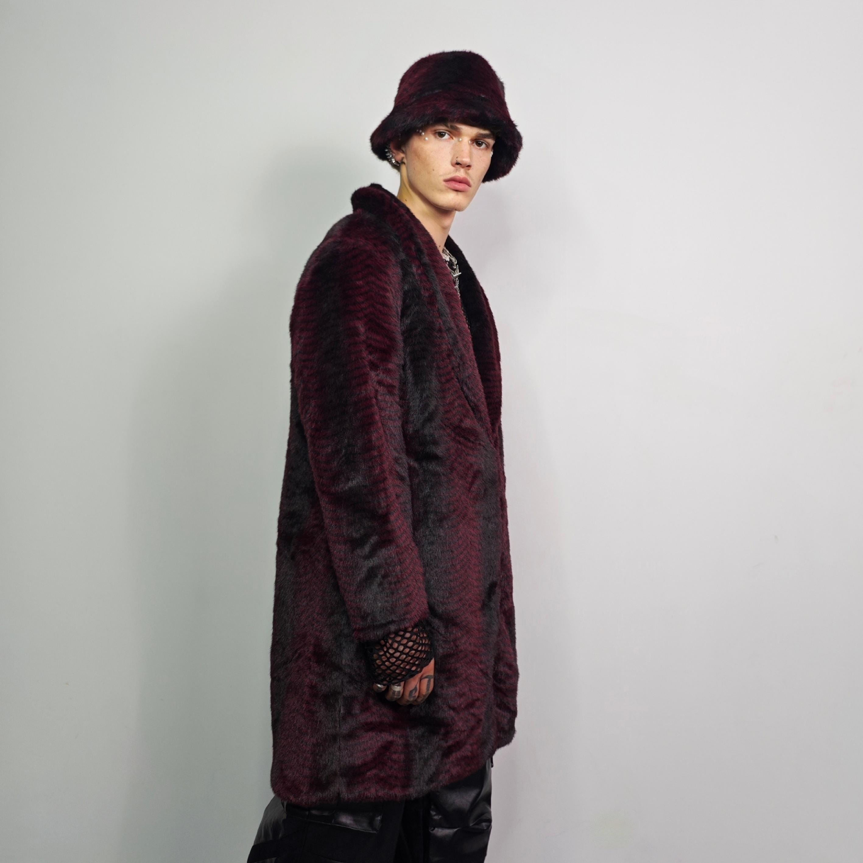 Striped Burgundy Faux Fur Trench Coat, Gothic Glam Long Jacket