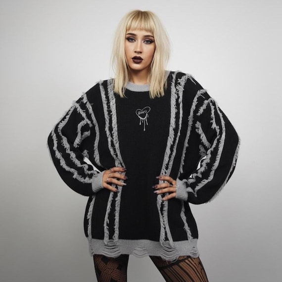 Shredded Raw Seam Sweater Black, Distressed E-girl Grunge Jumper