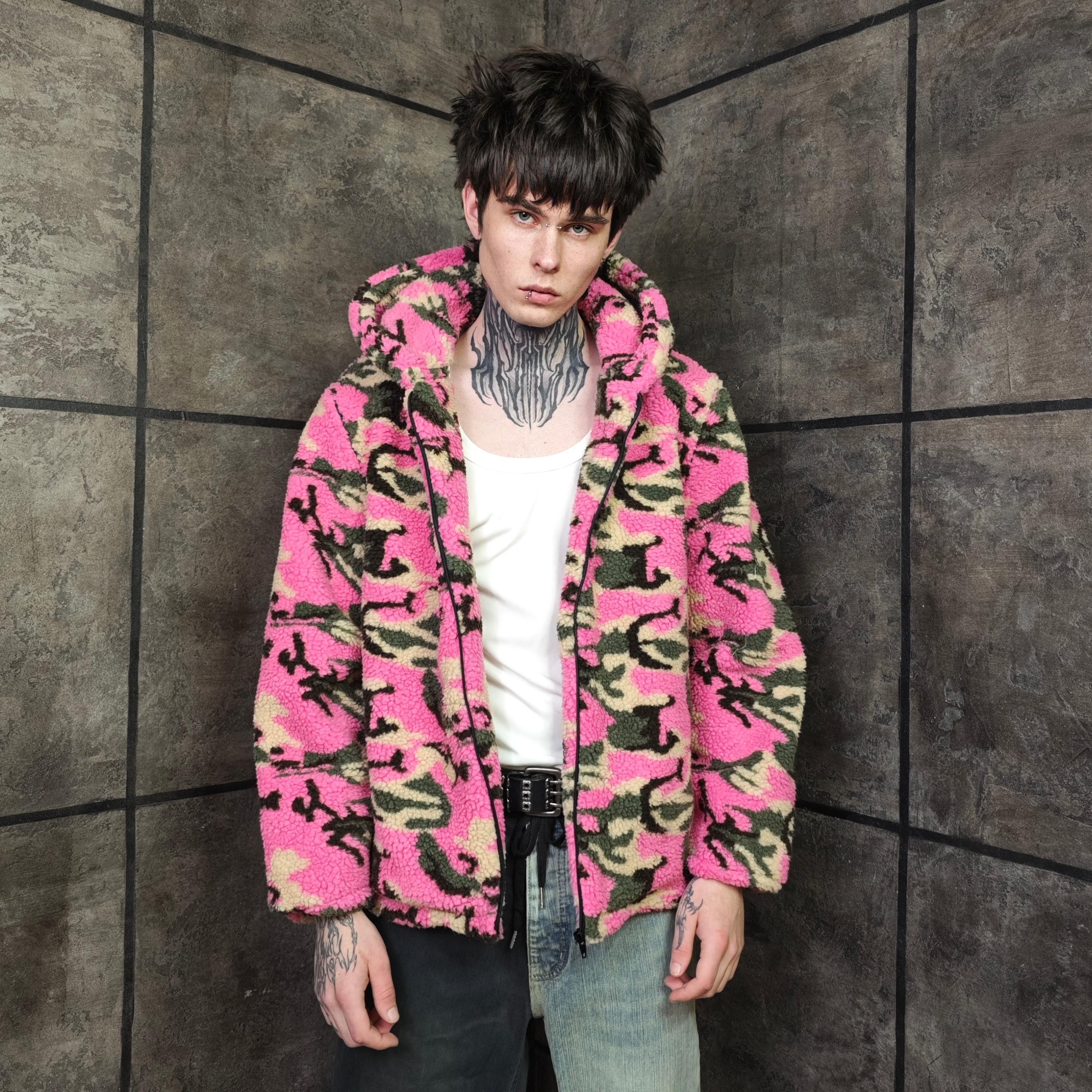 Camo Print Fleece Coat Pink Teddy Trench Military Bomber Army