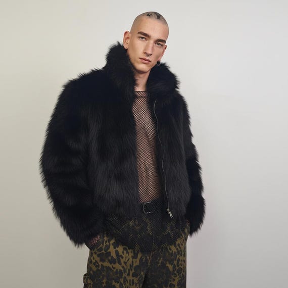 Black Faux Fur Bomber, Short Fluffy College Varsity Jacket