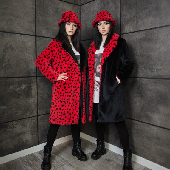 Ladybug Plush Coat Red Black Reversible Trench Spot Print Bomber