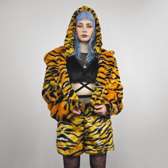 Bengal Tiger Trench Faux Fur Cropped Coat Animal Pattern Burner Bengal Tiger Trench Faux Fur Cropped Coat Animal Pattern Burner