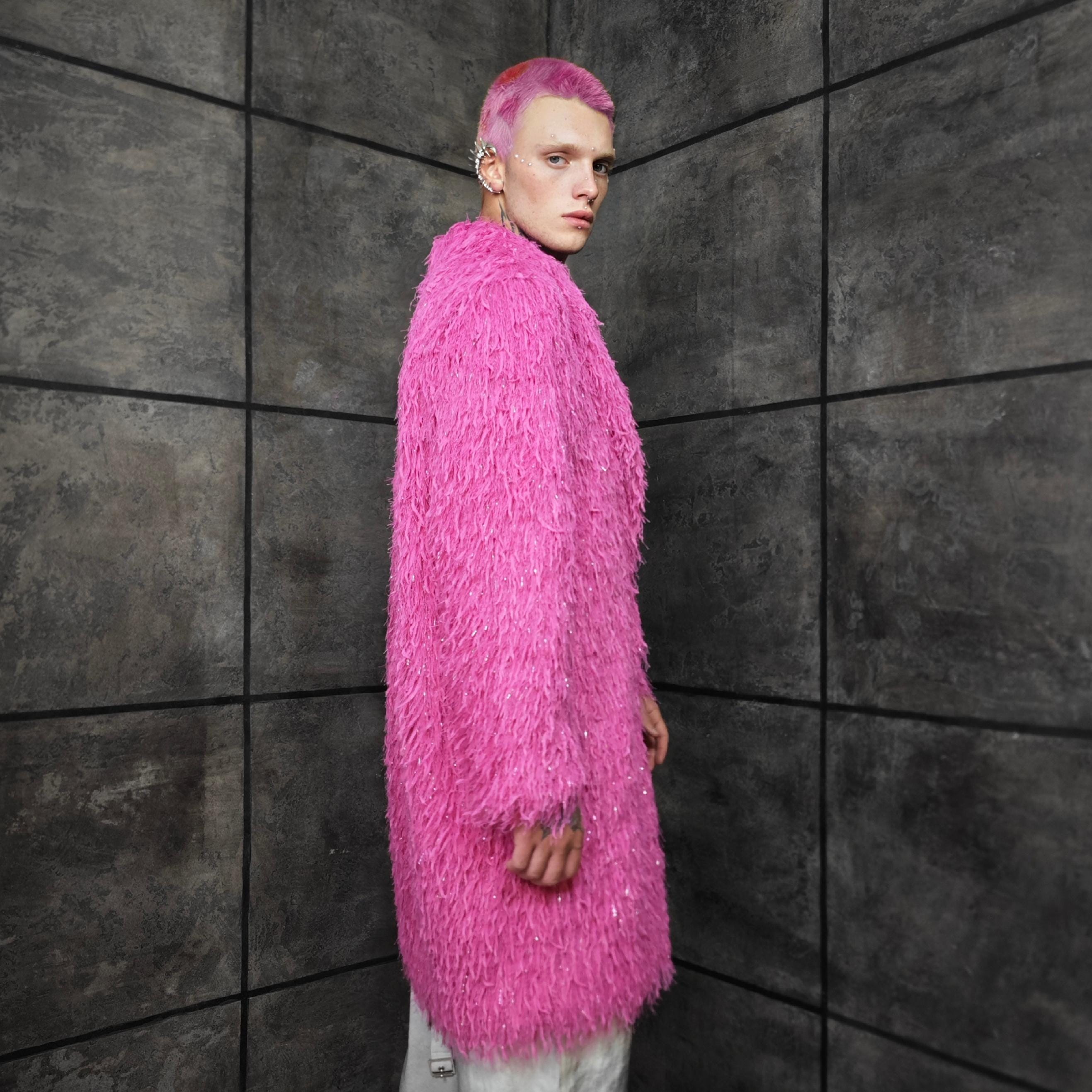 Intense Pink Shaggy Faux Fur Trench Coat, Rave Festival Outerwear