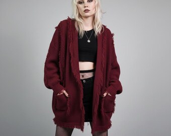 Burgundy Distressed Open Front Cardigan, Shredded Wine Red Knit