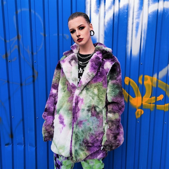 Tie-dye Fleece Coat Green Purple Faux Fur Gradient Trench Grunge