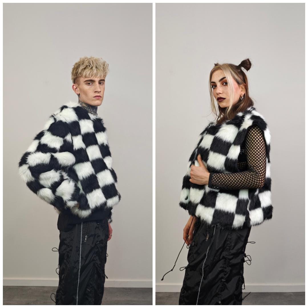 SKA Check Faux Fur Coat Black White Checkered Collarless Jacket