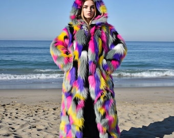 Rainbow Faux Fur Coat, Floor-Length Hooded Statement Cloak in Neon Patchwork – Festival & Playa Glam Outerwear
