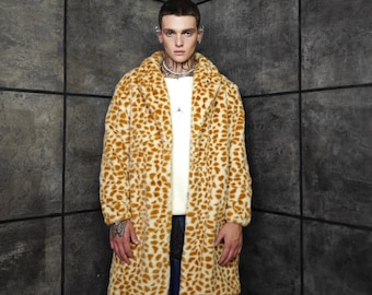 Psychedelic Giraffe Orange Faux Fur Trench Coat, Long Festival