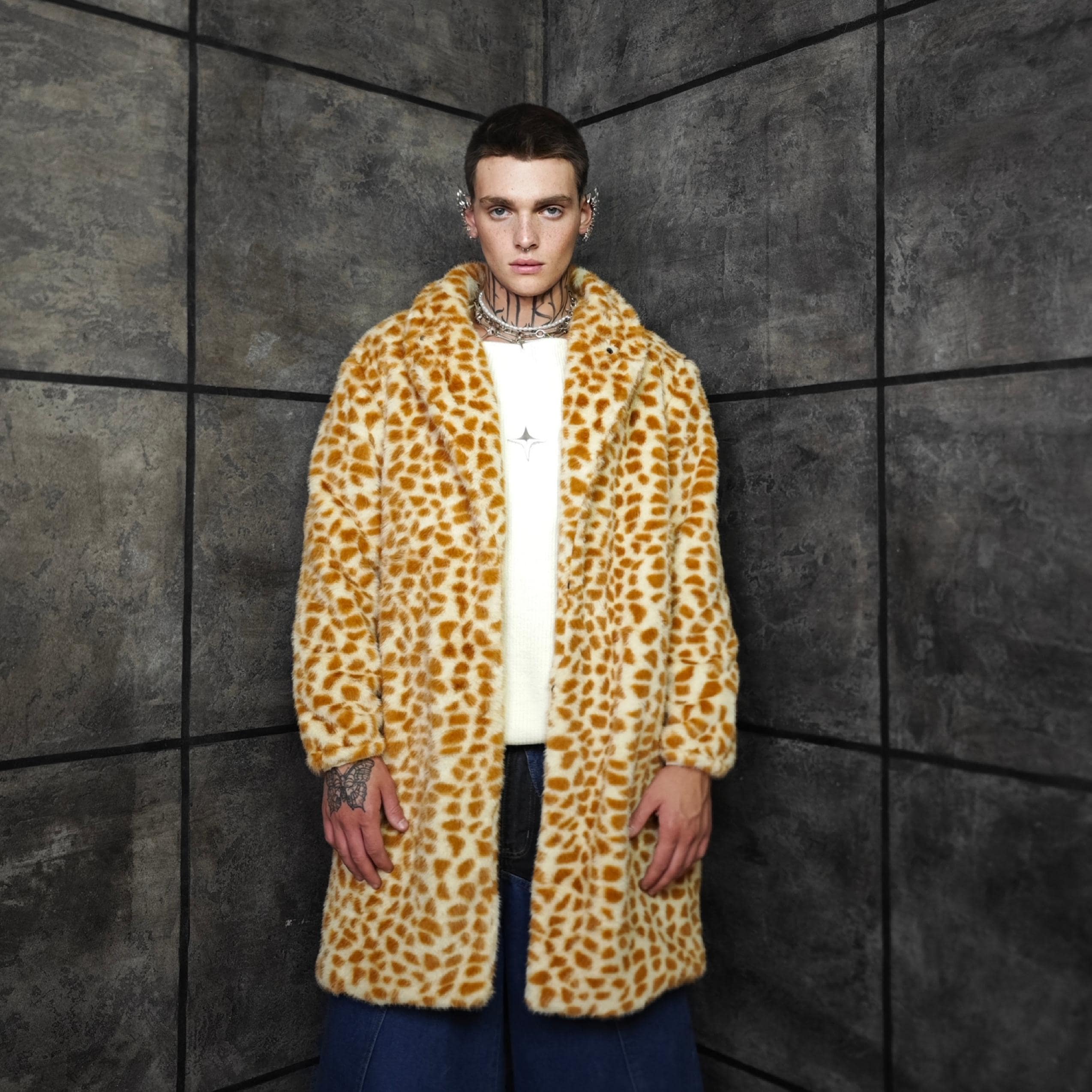 Psychedelic Giraffe Orange Faux Fur Trench Coat, Long Festival