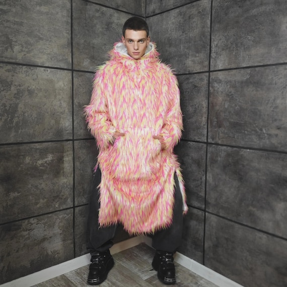 Shaggy Long Pink Coat Neon Festival Trench Fuzzy Faux Fur Burner