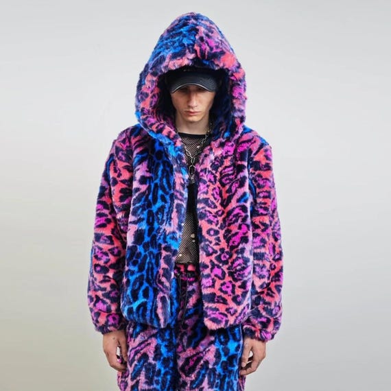 Lumignon Big Fur knit hoodie ネイビー×ピンク Pink Blue Neon Leopard Faux Fur Hooded Jacket, Electric Rave