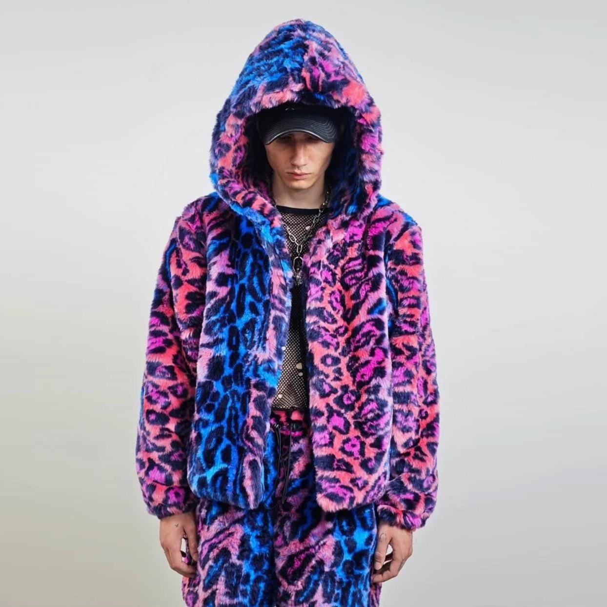 Pink Blue Neon Leopard Faux Fur Hooded Jacket, Electric Rave