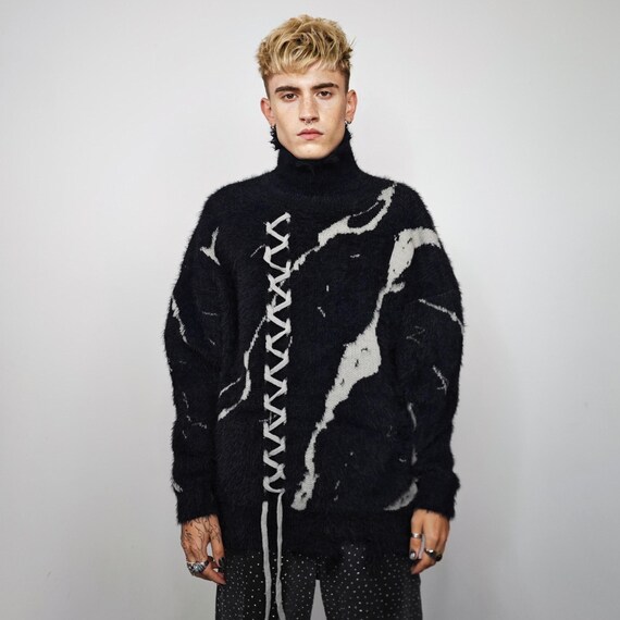 Oversized Fluffy Grunge Sweater, Gothic Turtle Neck Jumper, Mohair