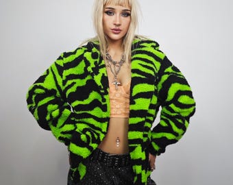 Neon Green Zebra Cropped Trench, Teddy Bear fleece Jacket, Short Zebra Stripe Coat, Unisex Acid Grunge Faux Fur, Rave Festival Outerwear