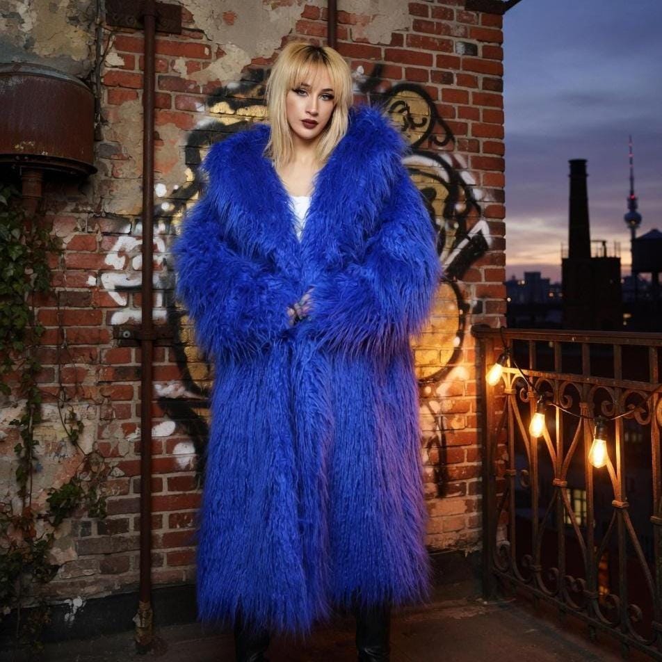 CLANE クラネ LONG SHAGGY SULLEY COAT ブルー Faux Fur Trench Coat, Cobalt Blue Jacket, Oversized Long Shaggy