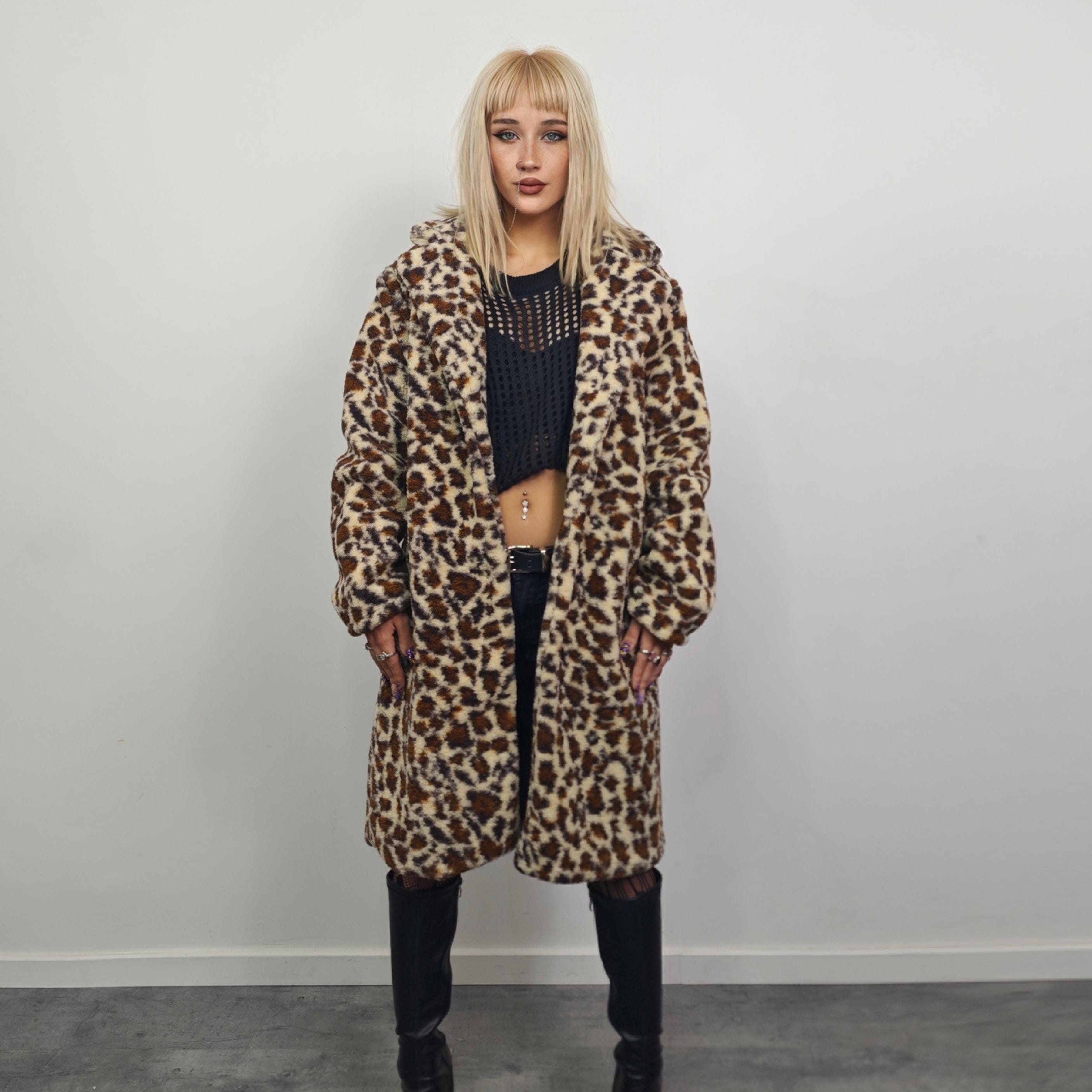 Beige Leopard Print Fleece Coat, Long Teddy Trench Jacket, Cheetah