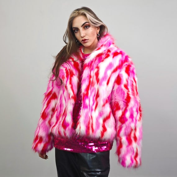 Cropped Coat Red Pink Faux Fur Striped Trench Short Playa Festival