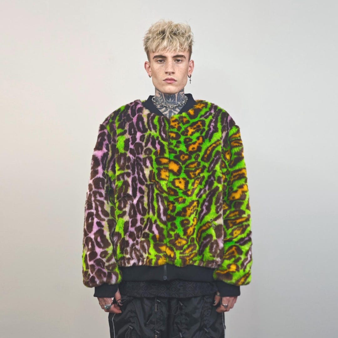 Green Leopard Faux Fur Varsity Neon Animal Print Jacket 90s Style