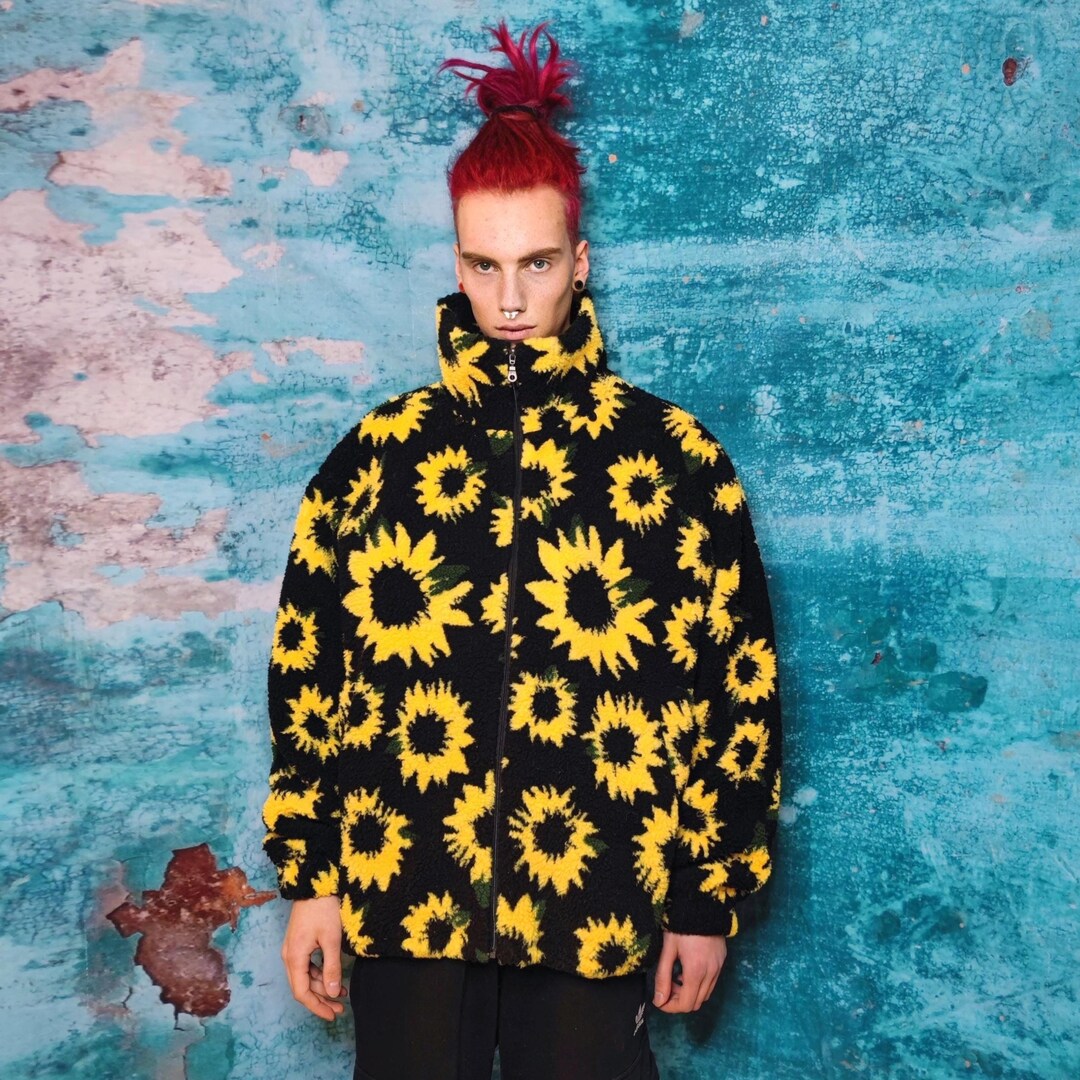 Floral Fleece Track Jacket Yellow Black Sunflower Tracksuit