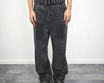 Rhinestone embellished jeans black washed out sparkle pants diamante denim trousers grunge festival outfit Y2K aesthetic party clothing