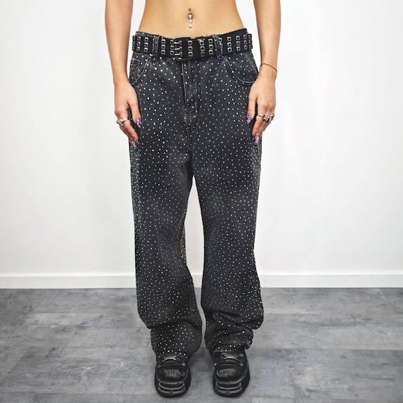 パンツ y2k flare black denim pants glitter 00s Rhinestone Embellished Jeans Black Washed Out Sparkle Pants