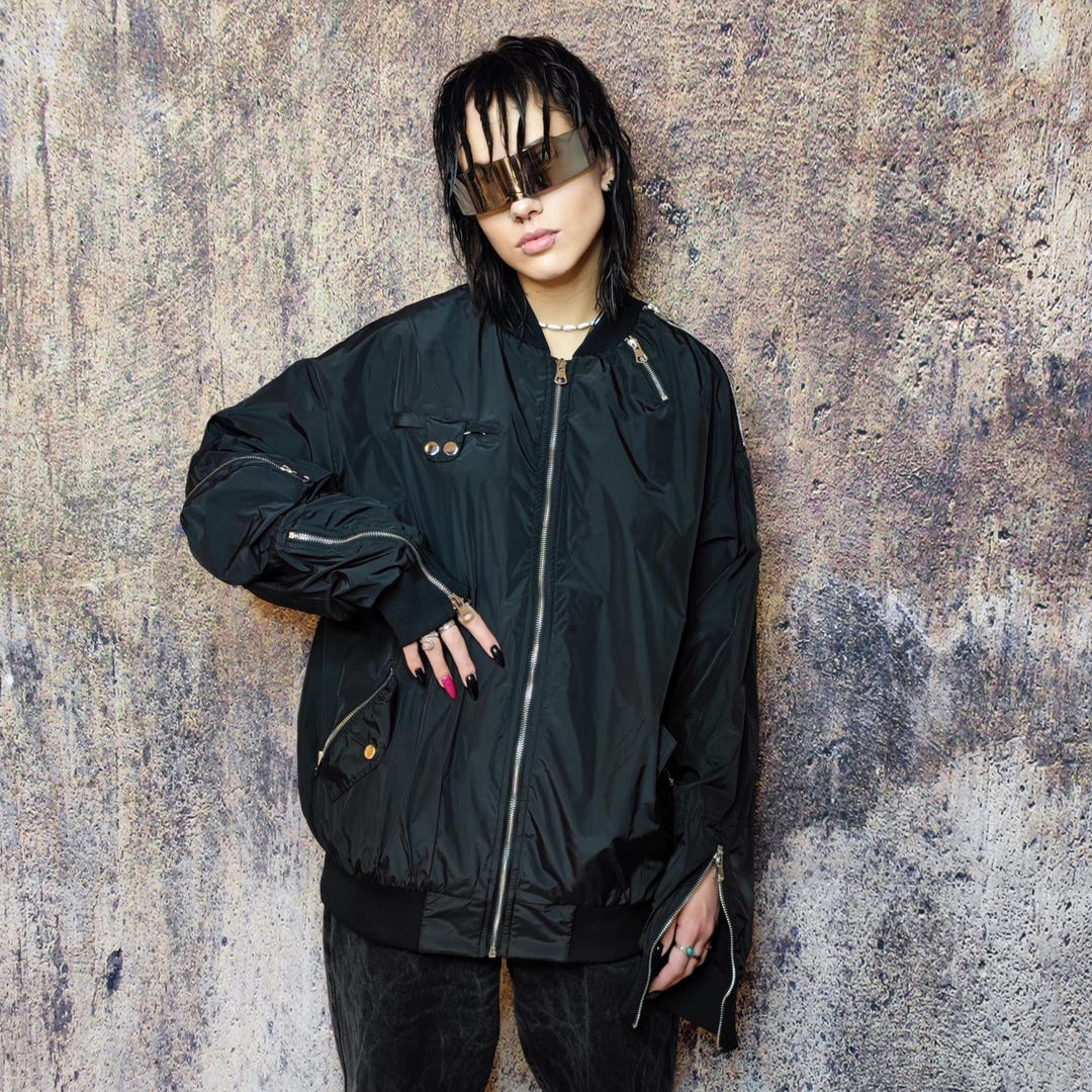 Gorpcore Bomber Utility Jacket, Cargo Pocket Varsity in Black 