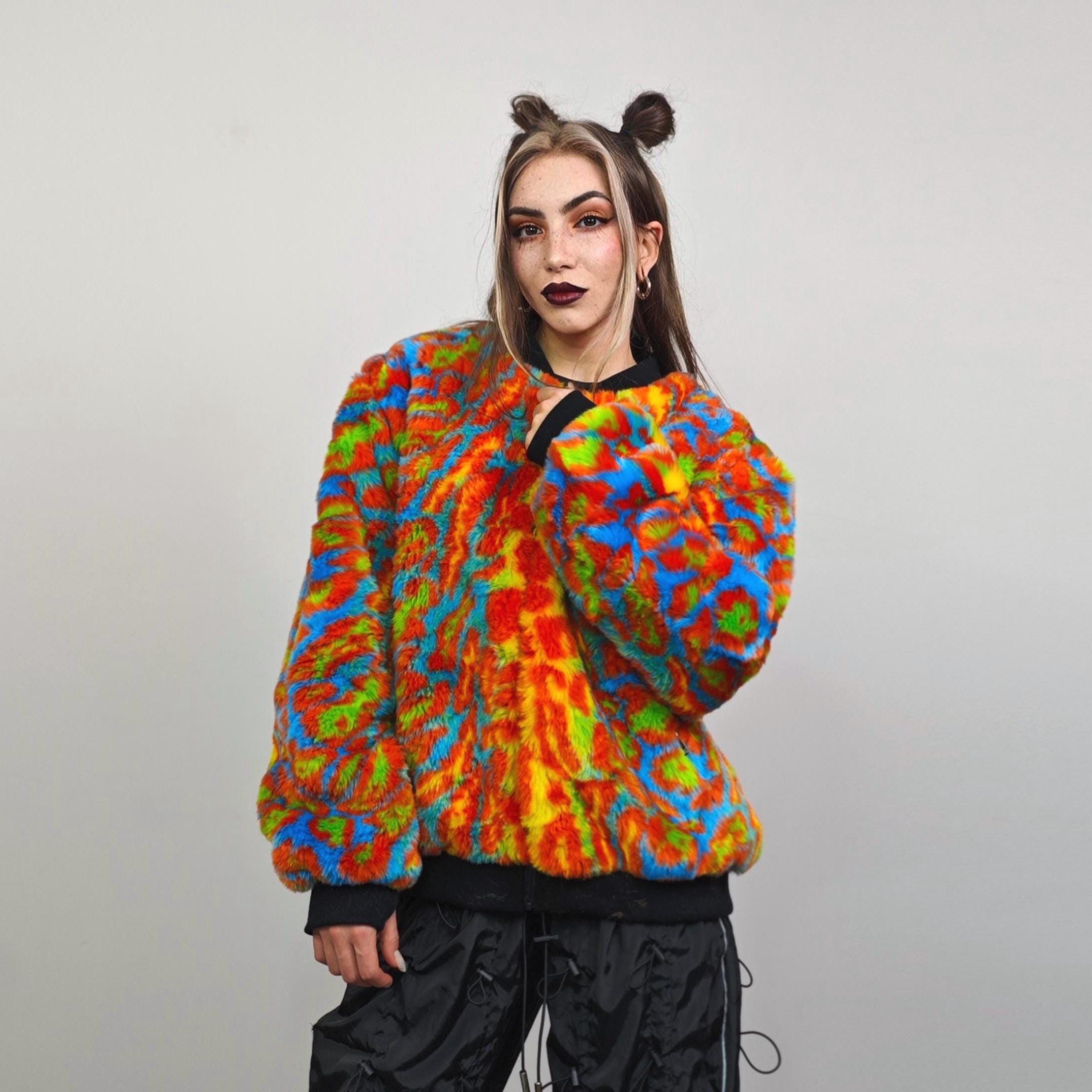 Orange Leopard Faux Fur Varsity Neon Animal Print Jacket 90s Style
